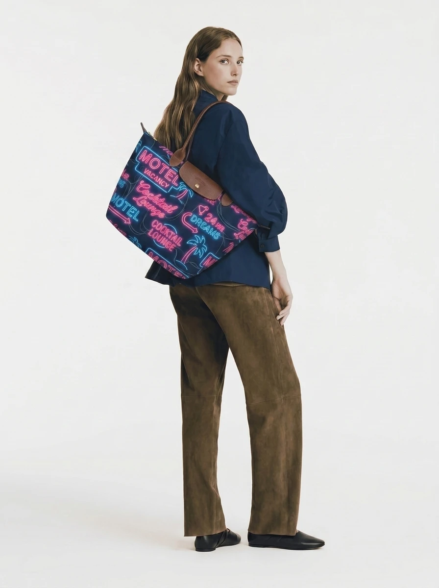 Longchamp Le Pliage Original L Tote Bag With Glowing Neon Tube Print 4 Longchamp Le Pliage Original L Tote Bag With Glowing Neon Tube Print - Image 2