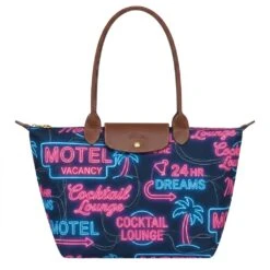 Longchamp Le Pliage Original L Tote Bag With Glowing Neon Tube Print