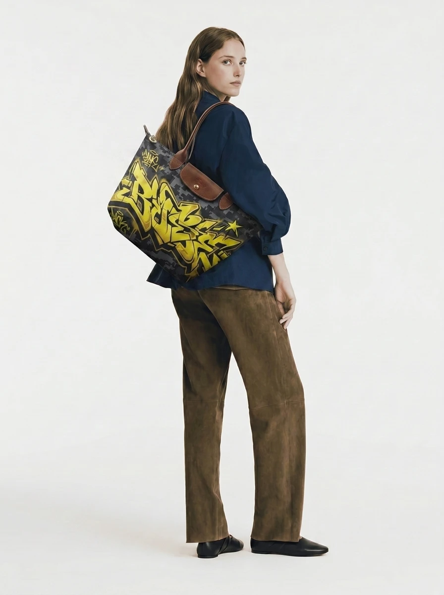 Longchamp Le Pliage Original L Tote Bag In Urban Camo & Hazard Yellow 4 Longchamp Le Pliage Original L Tote Bag In Urban Camo & Hazard Yellow - Image 2