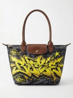 Longchamp Le Pliage Original L Tote Bag In Urban Camo & Hazard Yellow
