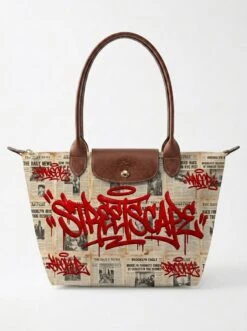 Longchamp Le Pliage Original L Tote Bag In Vintage Newspaper Overlay