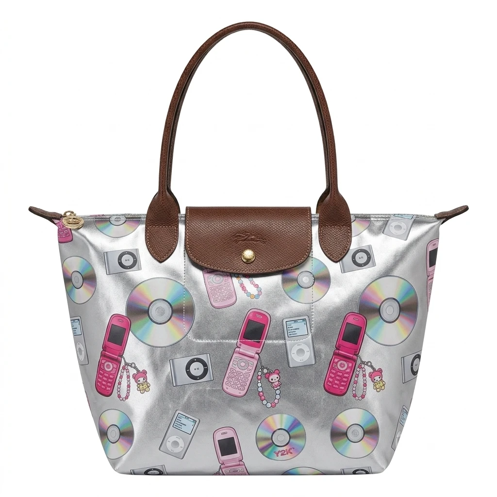 Longchamp Le Pliage Original L Tote Bag In Flip Phones & CDs Collage 2 Longchamp Le Pliage Original L Tote Bag In Flip Phones & CDs Collage