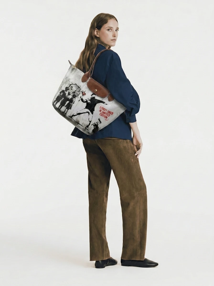 Longchamp Le Pliage Original L Tote Bag Banksy Stencil Art 4 Longchamp Le Pliage Original L Tote Bag Banksy Stencil Art - Image 2
