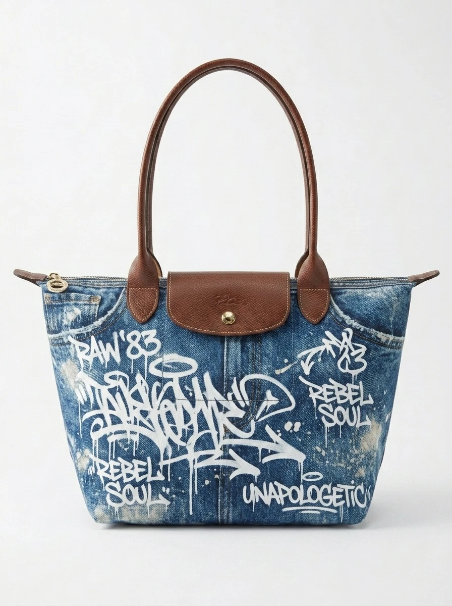 Longchamp Le Pliage Original L Tote Bag In Trompe L'oeil Denim & Bleach 3 Longchamp Le Pliage Original L Tote Bag In Trompe L'oeil Denim & Bleach